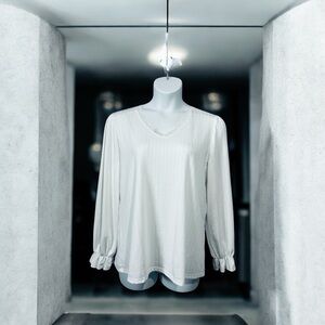 NEW, White Textured Long Sleeve Blouse With Lace Trim, Size XL